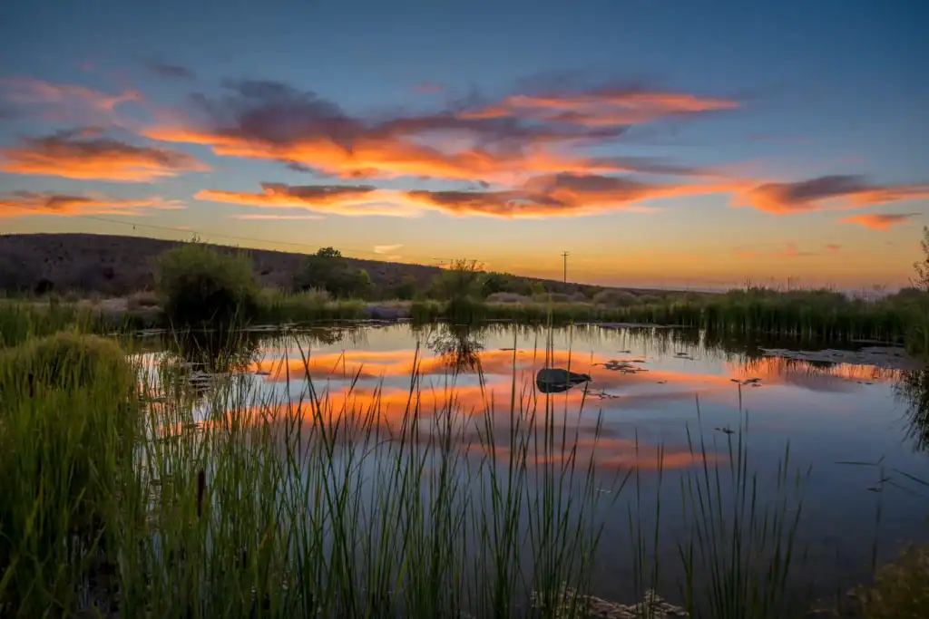 Scenic sunset over wetlands at Wind Wolves Preserve with colorful sky and calm water.