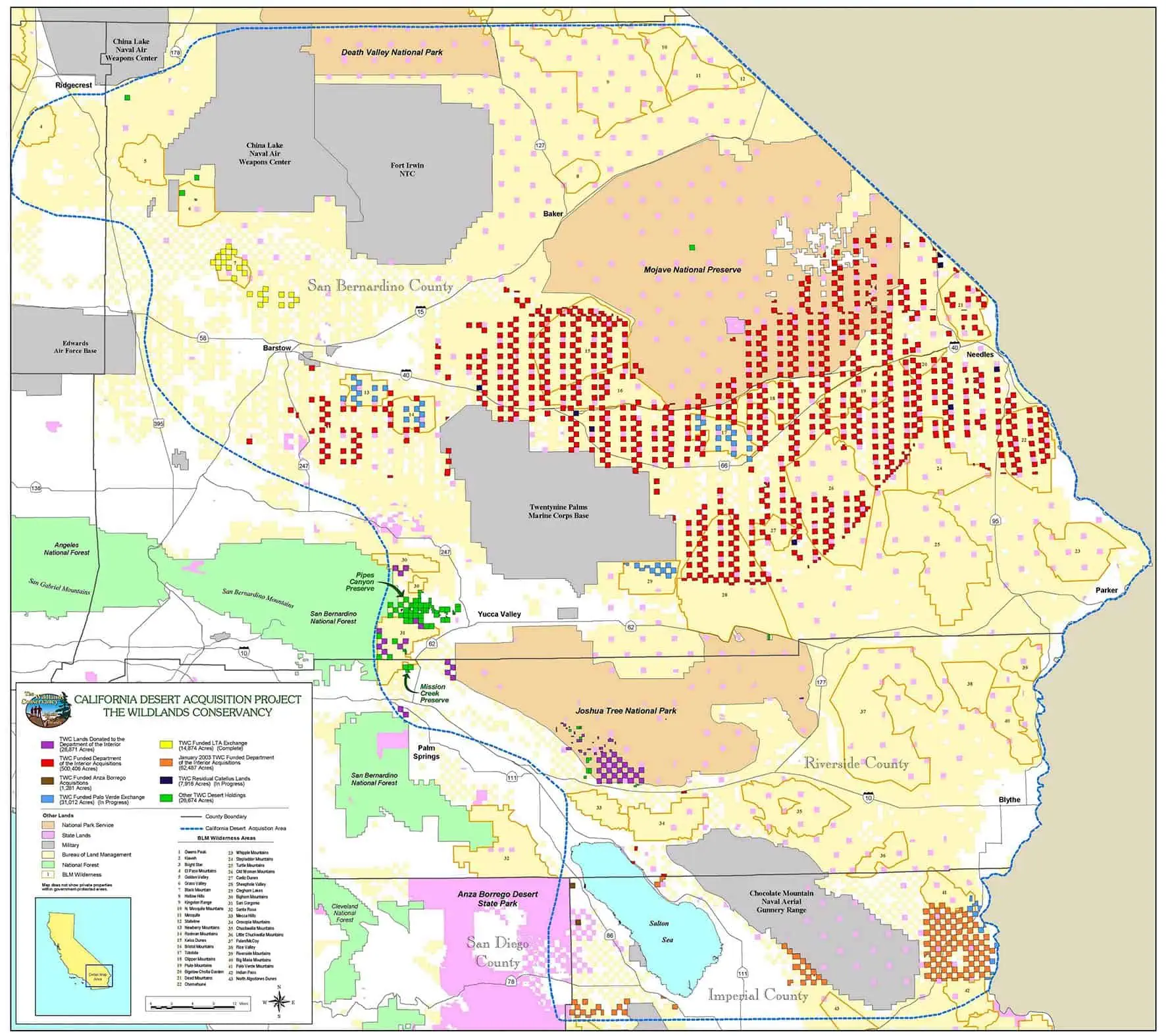 Acquired by The Wildlands Conservancy with a mix of private and public funding between 1999 and 2004 as part of its California Desert Land Acquisition Project, these checkerboarded railroad lands included private inholdings within Joshua Tree National Park, Mojave National Preserve, Wilderness Areas, and landscape linkages.