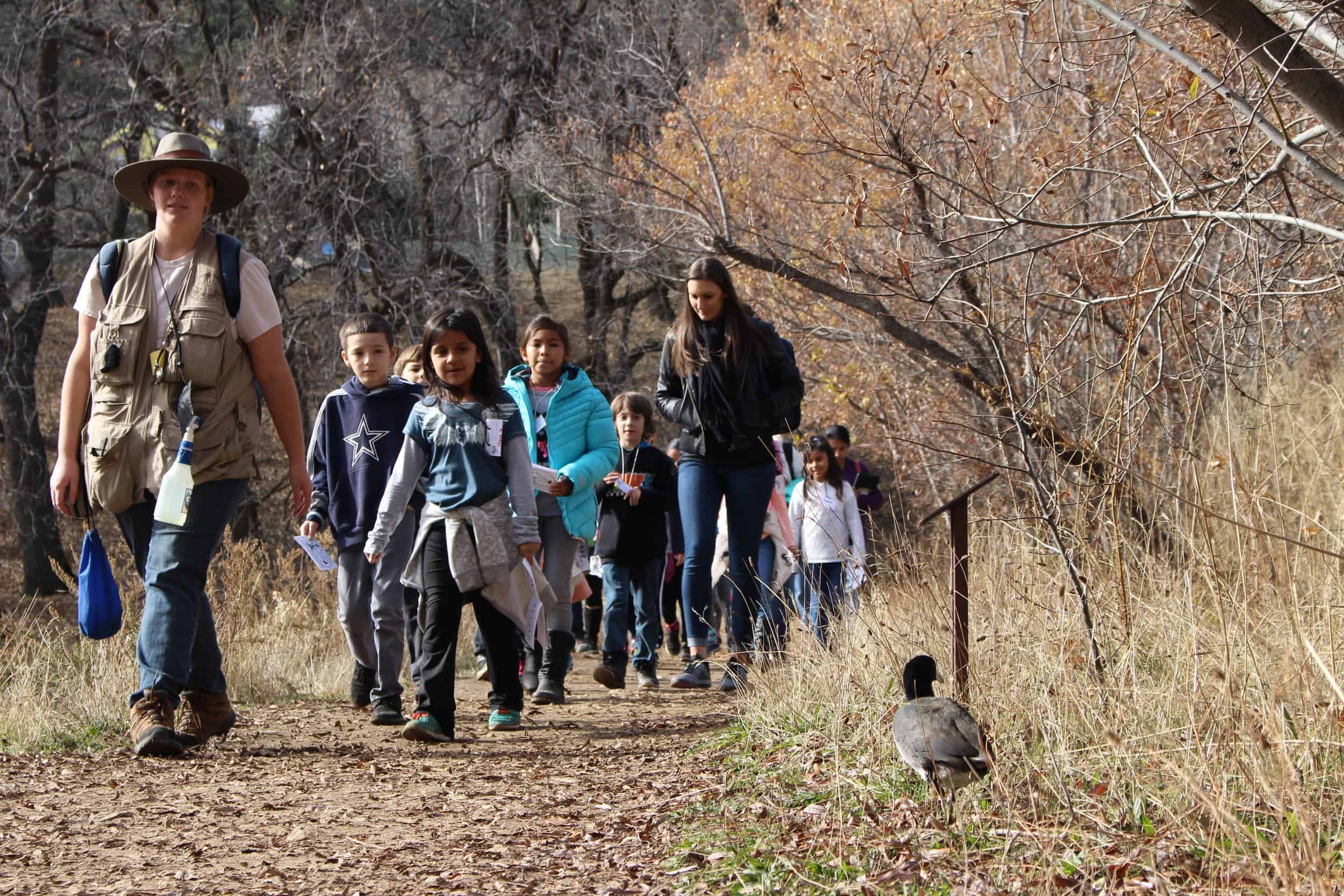   An American coot greets a group of students during their free outdoor education field trip to Oak Glen Preserve. Photo by Elba Mora.   