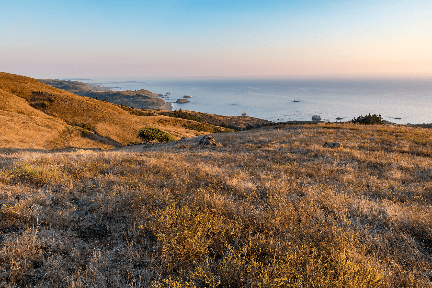 Scenic coastal landscape at sunset with rolling hills and ocean view.