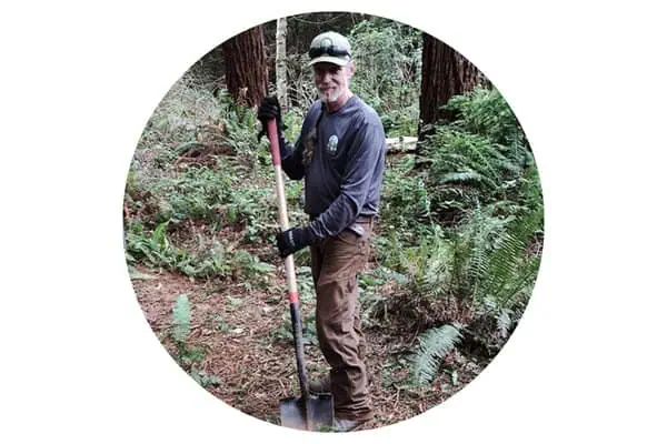 Volunteer planting trees in a lush forest for conservation efforts.