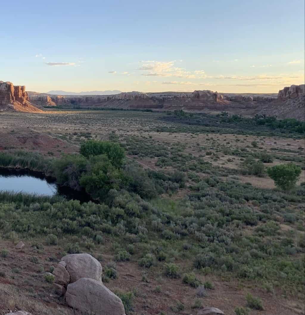 Scenic view of a desert canyon with a small pond and green vegetation.