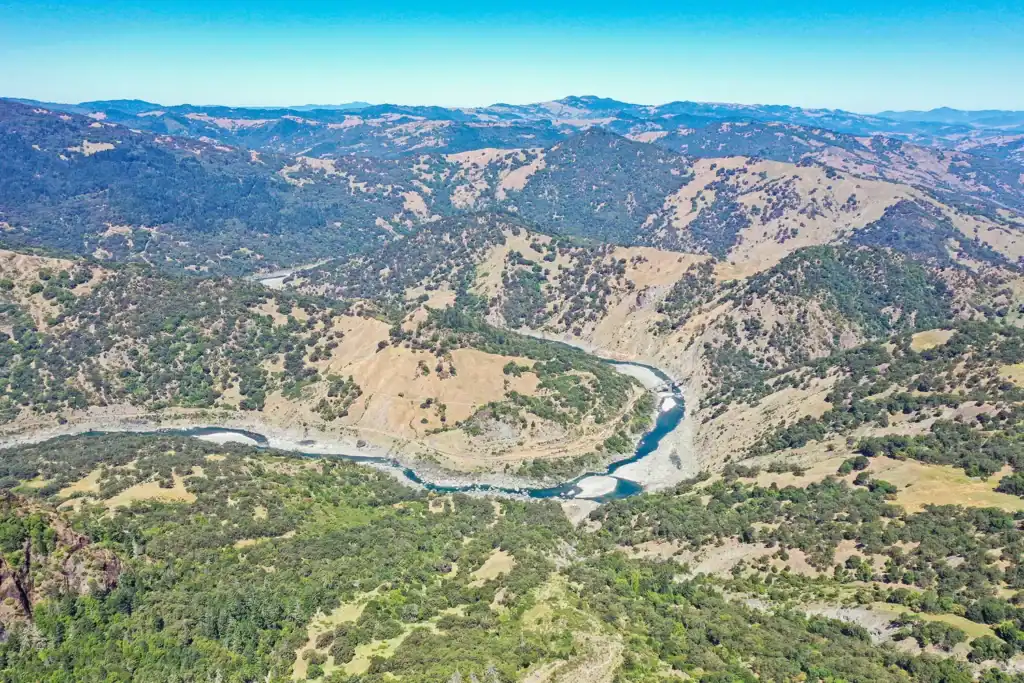 Scenic view of Eel River winding through canyon in California.