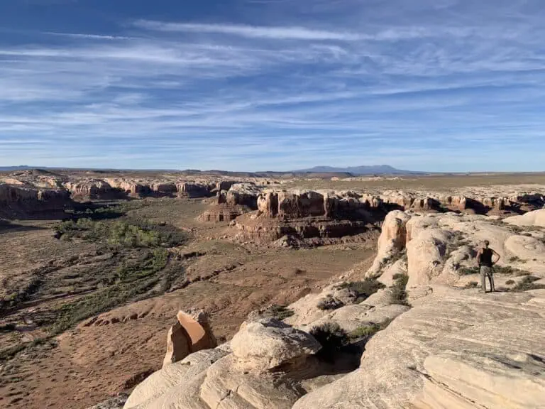 Scenic view of desert canyon with rocky formations and a person standing on the edge.