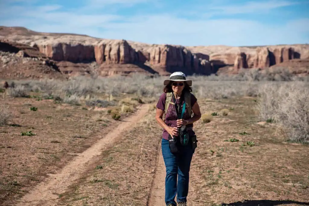 Woman hiking in desert landscape with canyon cliffs in the background.