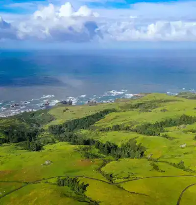 Beautiful coastal landscape with green hills and ocean view.