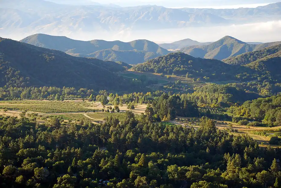 Scenic view of Oak Glen Preserve with rolling hills and lush greenery.