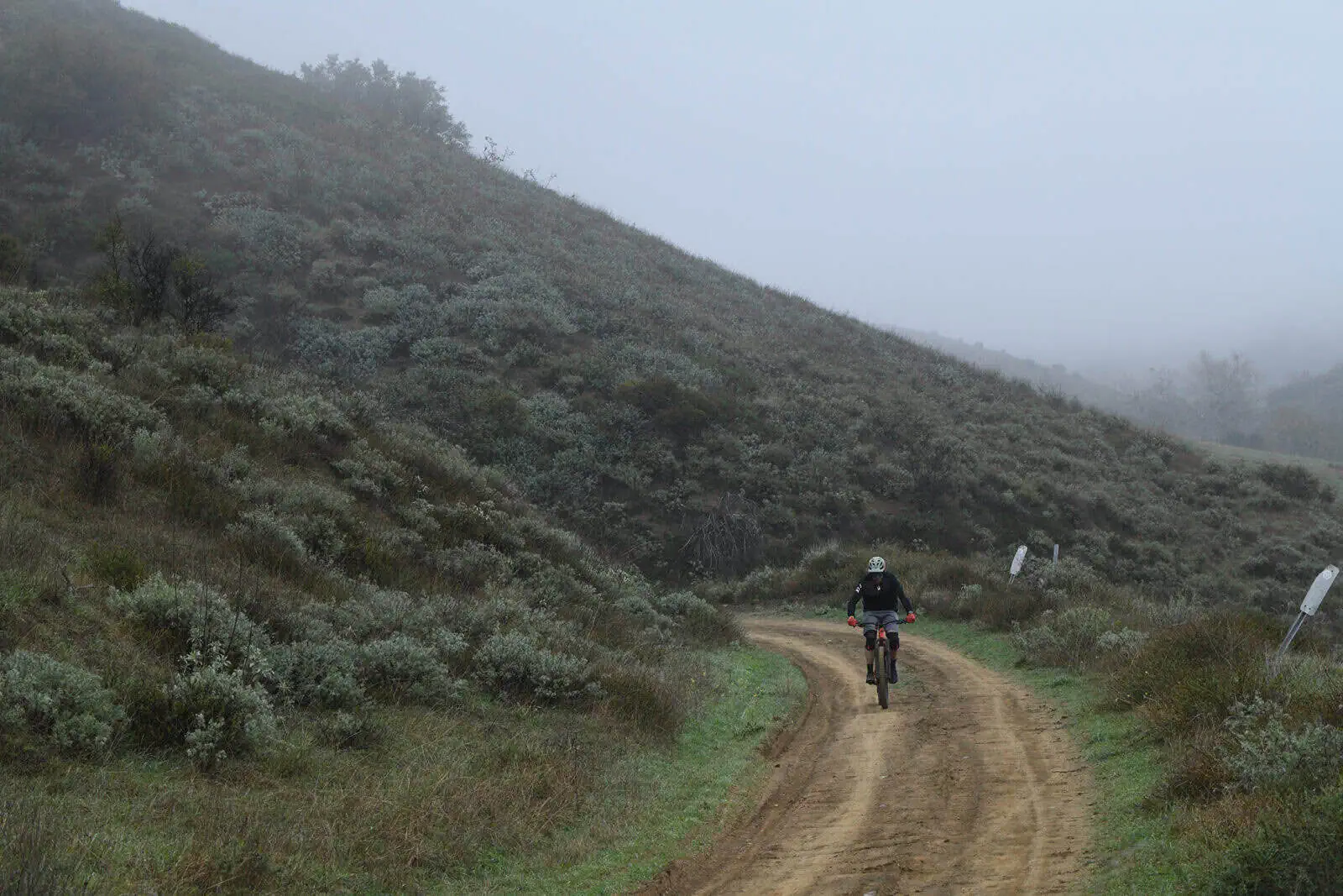 Mountain trail with cyclist riding through foggy landscape, lush greenery, and rolling hills.