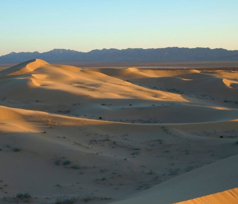 Sand dunes and mountain backdrop in a vast desert landscape at sunset.