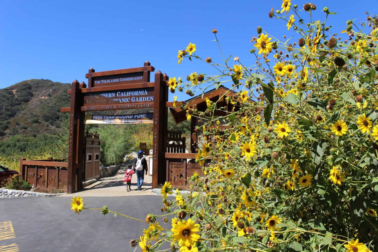 The Wildlands Conservancy entrance with yellow flowers in foreground, sunny day, mountain backdrop.