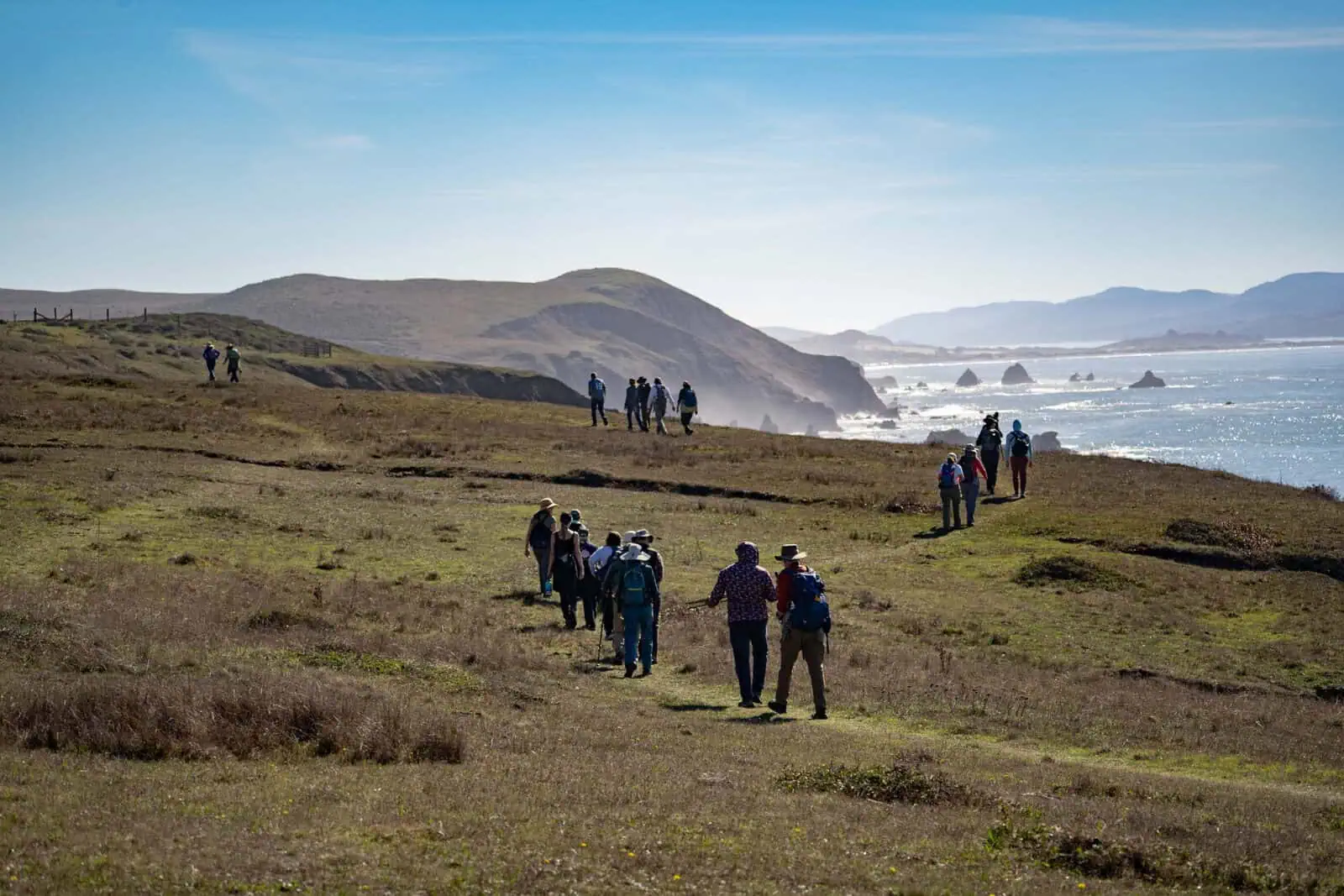 Group of hikers walking along coastal cliffs with ocean view in the background.