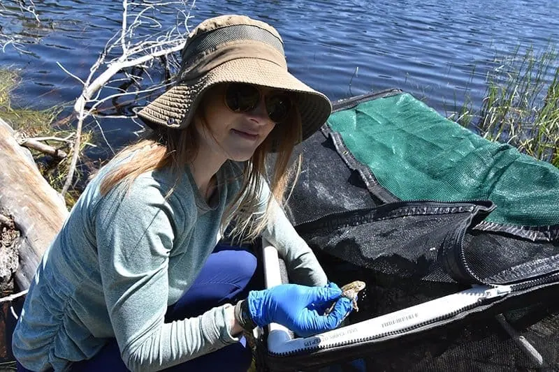 Woman collecting water samples at a river for conservation efforts.