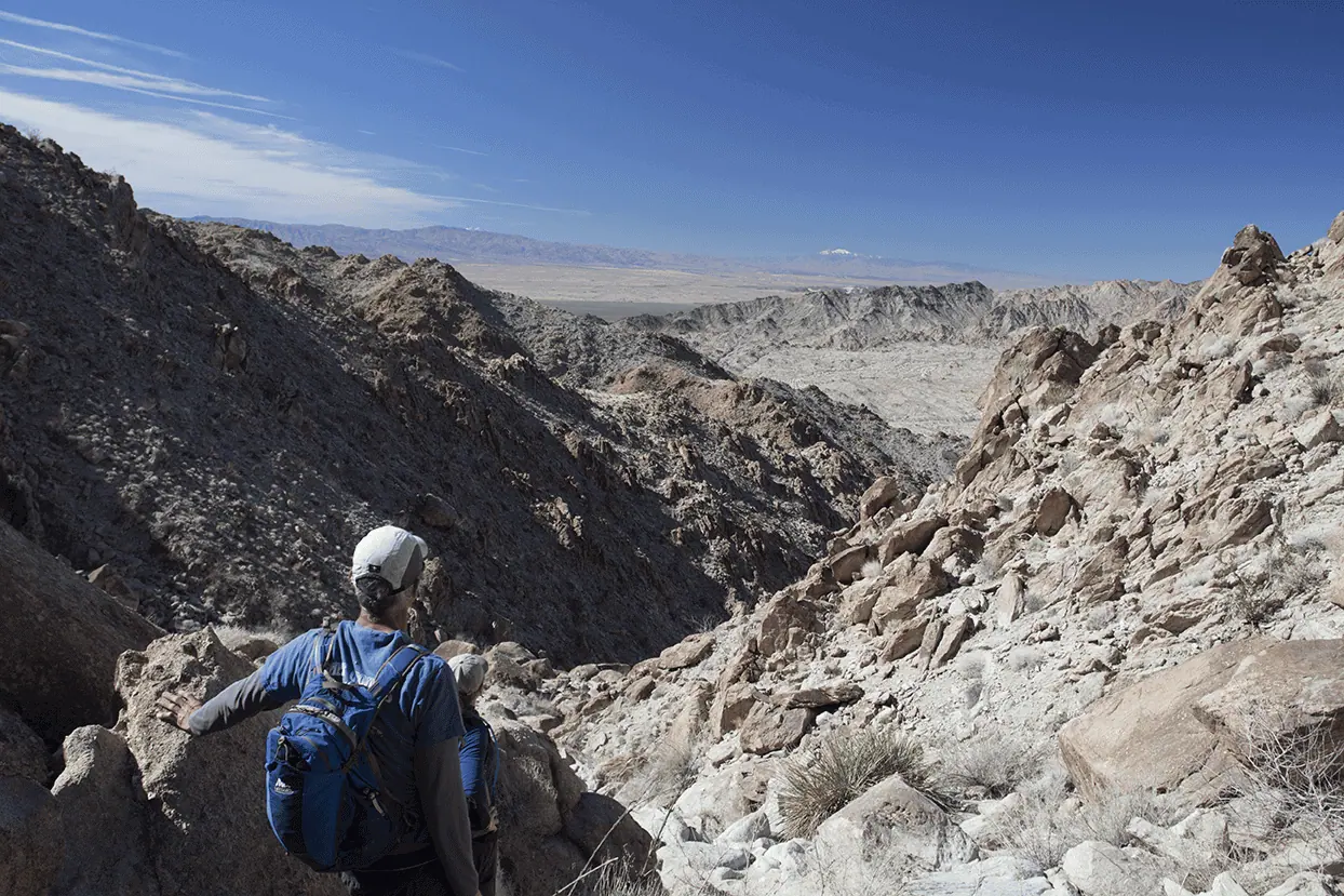 Hiker with backpack observing rugged desert canyon scenery.
