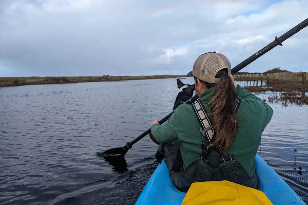  Rebecca kayaking on flooded roads at Eel River Estuary Preserve. 