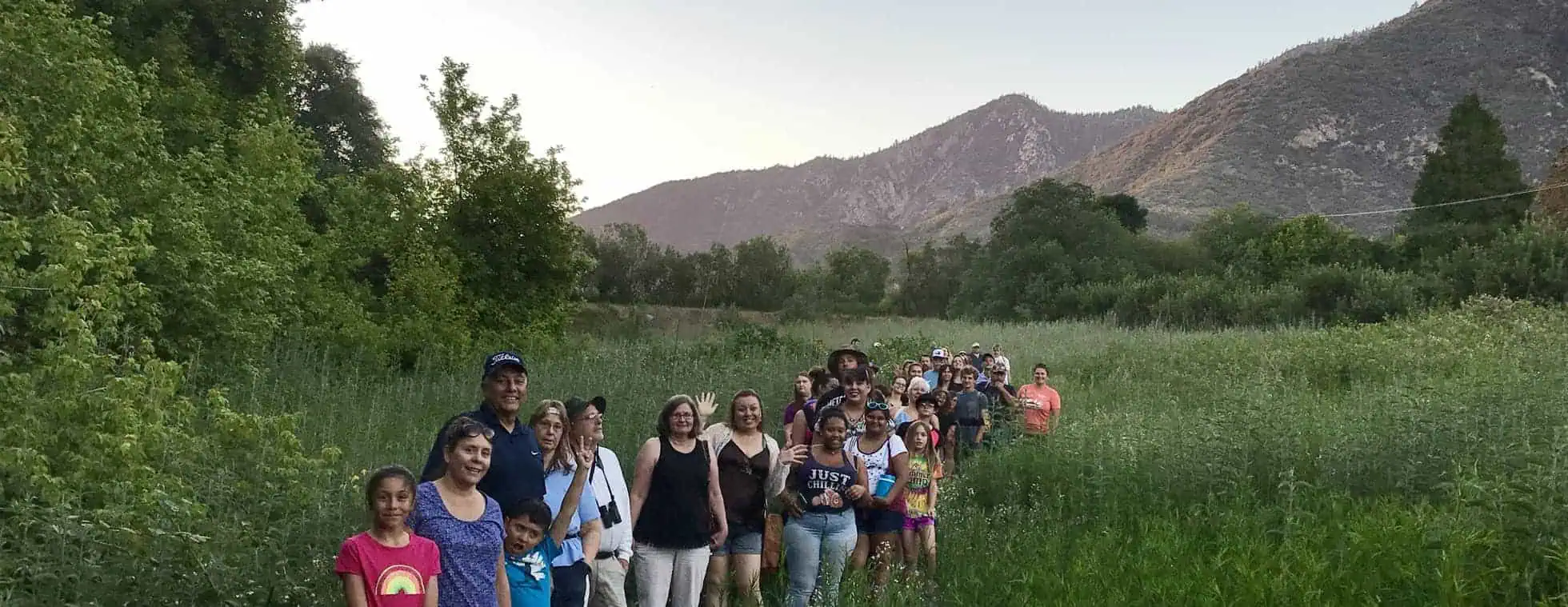 Group of people walking along a trail at dusk in a lush green landscape.